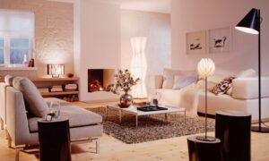 5 erreurs à éviter pour le choix de l’éclairage du salon Salon moderne cosy avec cheminée et canapé beige