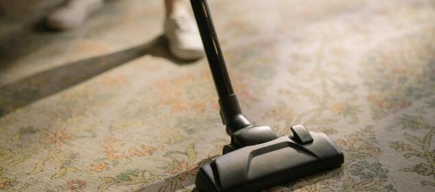 Aspirateur nettoyant un tapis à motifs floraux