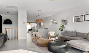 Transformer votre salon avec des plantes artificielles : guide pratique Salon moderne ouvert avec cuisine et canapé gris