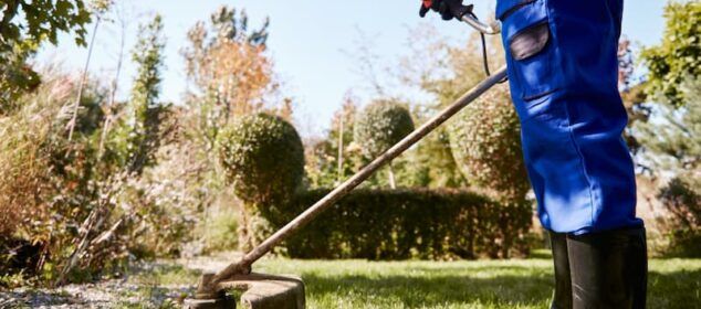 Jardinier utilisant une débroussailleuse dans un jardin