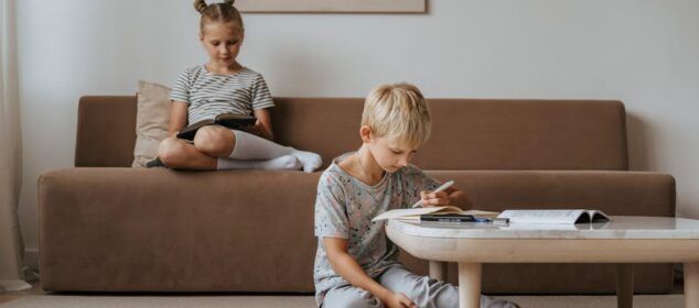 Deux enfants lisant et écrivant au salon